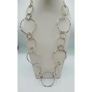 Silver Tone Multi Size Riveted and Hammered Circular Chain Link Necklace
